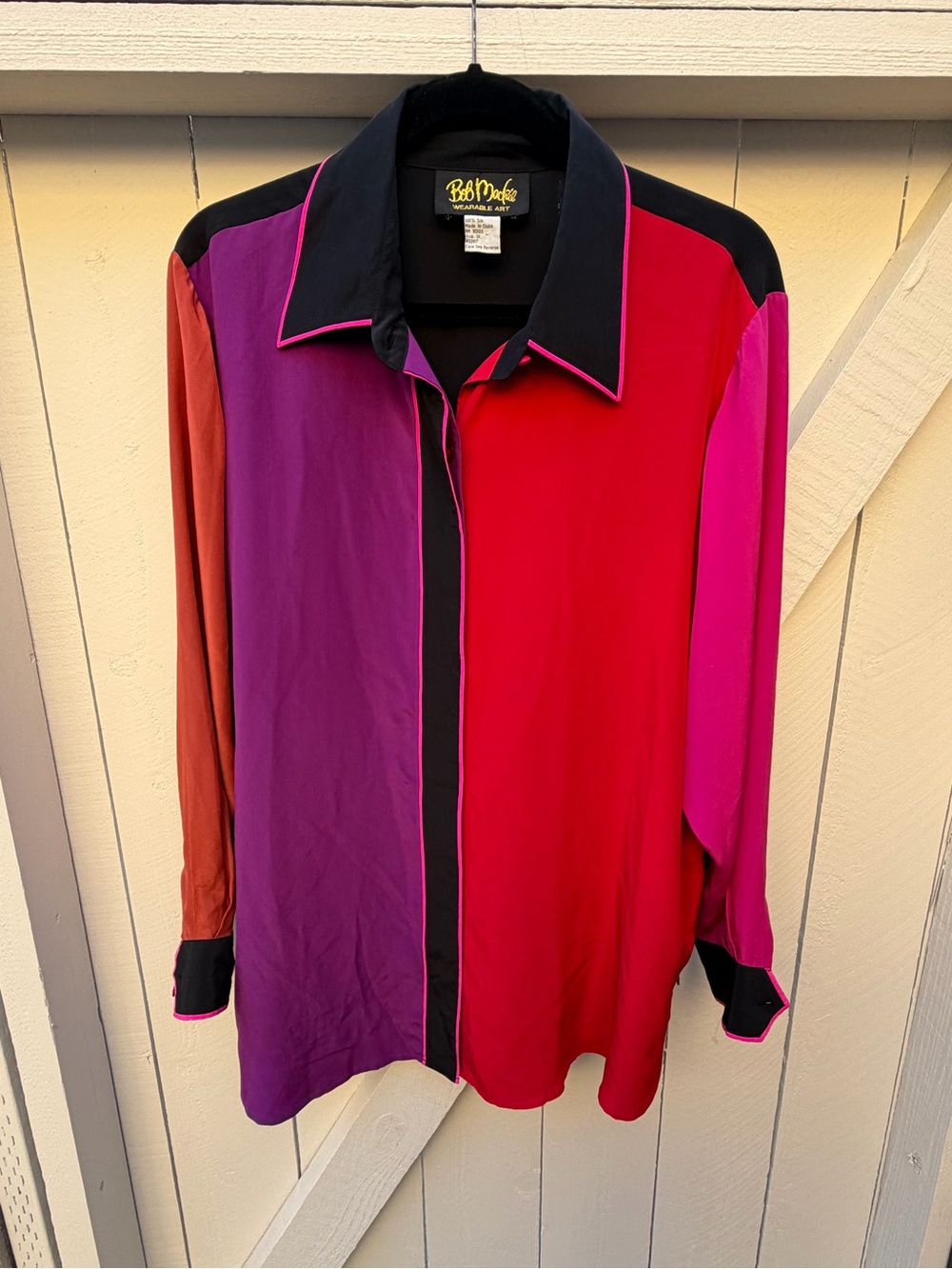 Bob Mackie Colorblock Silk Button-Up Shirt - Red/Purple/Pink size 1X